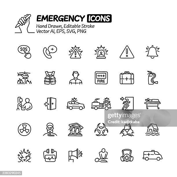 emergency hand drawn doodle line icon set. editable stroke vector icons. - panic button stock illustrations
