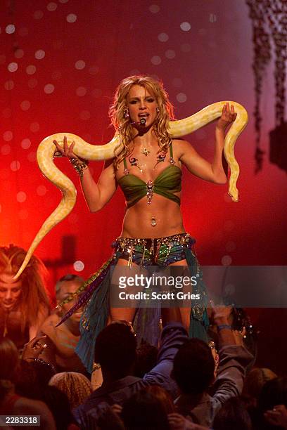 Britney Spears onstage performing at the 2001 MTV Video Music Awards held at the Metropolitan Opera House at Lincoln Center in New York City on...
