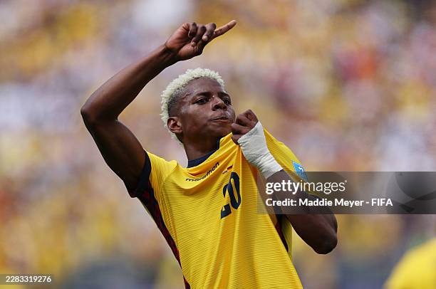 Nilson Angulo of Ecuador celebrates scoring his team's first goal during the FIFA World Cup 2026 Group E match between Ecuador and Germany at New...