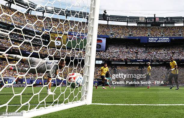 Hernan Galindez of Ecuador concedes a first goal to Leroy Sane of Germany during the FIFA World Cup 2026 Group E match between Ecuador and Germany at...