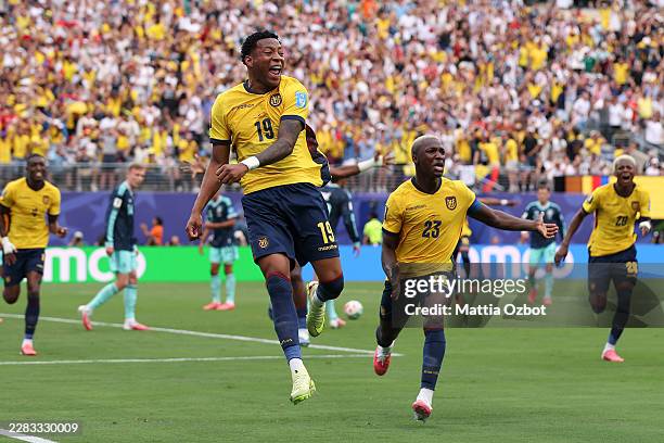 Gonzalo Plata of Ecuador celebrates scoring his team's second goal during the FIFA World Cup 2026 Group E match between Ecuador and Germany at New...