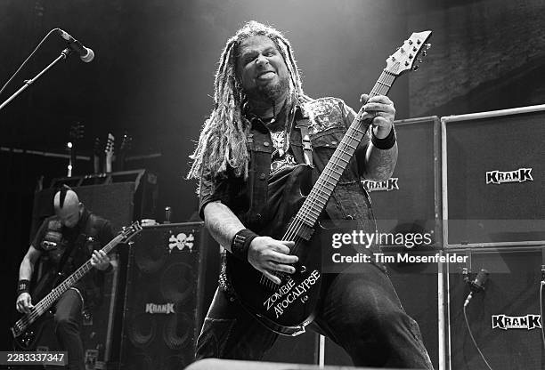 Travis Jackson and Chris Howorth of In This Moment perform during the Music as a Weapon Tour at Power Balance Pavilion on March 13, 2011 in...