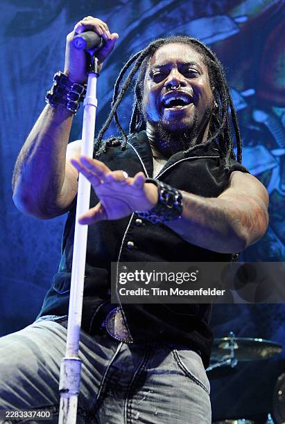 Lajon Witherspoon of Sevendust performs during the Music as a Weapon Tour at Power Balance Pavilion on March 13, 2011 in Sacramento, California.