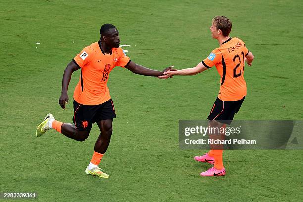Brian Brobbey of Netherlands celebrates with Frenkie de Jong after scoring the team's second goal during the FIFA World Cup 2026 Group F match...