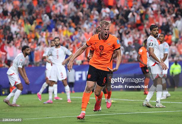 Jan-Paul van Hecke of Netherlands celebrates scoring his team's third goal during the FIFA World Cup 2026 Group F match between Tunisia and...