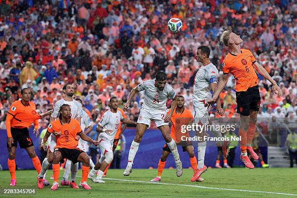 Jan-Paul van Hecke of Netherlands scores his team's third goal during the FIFA World Cup 2026 Group F match between Tunisia and Netherlands at Kansas...