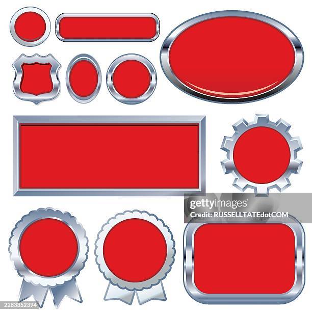 red metallic label panel collection with chrome frames and badges - chrome frame stock illustrations