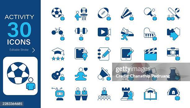 extracurricular activities vector icon set. pixel perfect. editable stroke. stock illustration. icon symbol, education, students, develop, skills, color - cricket pads stock illustrations