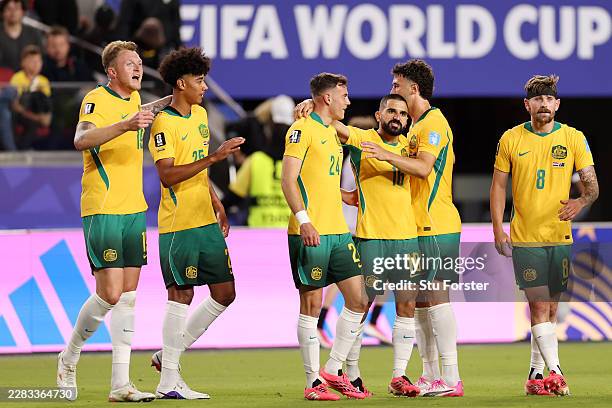 Australia players celebrate after a 0-0 draw during the FIFA World Cup 2026 Group D match between Paraguay and Australia at San Francisco Bay Area...