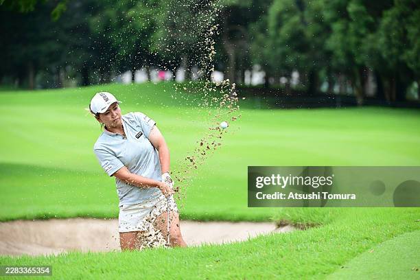 Nana Yamashiro of Japan hits her bunker shot on the 10th hole during the second round of EARTH MONDAMIN CUP at Camellia Hills Country Club on June...
