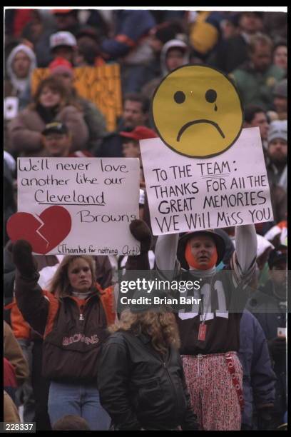 Fans of the Cleveland Browns at Cleveland Municipal Stadium in Cleveland, Ohio, express their disappointment and sense of unfairness at the fact...