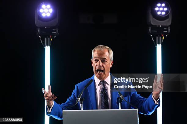 Reform leader Nigel Farage addresses those gathered at Holiday Inn on June 29, 2026 in Norwich, England. A by-election to choose the next Norfolk...