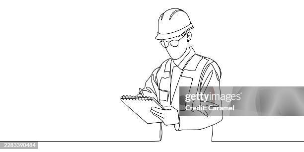 engineer taking notes continuous line illustration - construction inspector stock illustrations