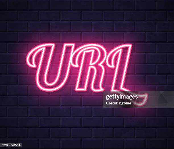 url - uniform resource locator - glowing neon text on brick wall background - information resources stock illustrations