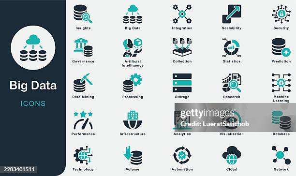 big data solid icons collection. containing big, data, analytics, database, collection, processing, cloud, technology, network, volume, research, mining, machine, learning, artificial, intelligence - simulation training stock illustrations