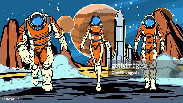 astronauts exploring alien planet vector stock illustration - scientists collaborating stock illustrations