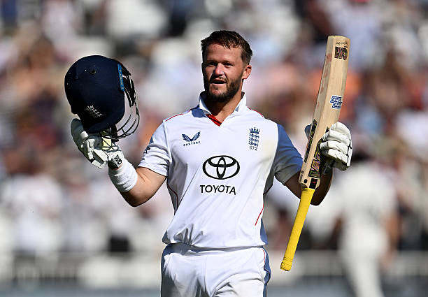 Ben Duckett of England celebrates reaching his century during day two of the 3rd Rothesay Test Match between England and New Zealand at Trent Bridge...
