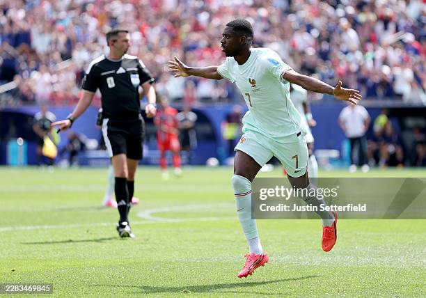 Ousmane Dembele of France celebrates scoring his team's first goal during the FIFA World Cup 2026 Group I match between Norway and France at Boston...