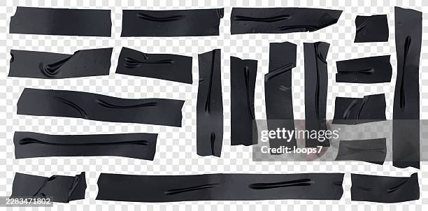 black torn tape strips on transparent background - clear plastic texture stock illustrations