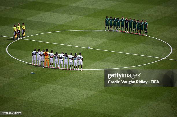 Players and match officials observe a minute of silence for the victims of the earthquake in Venezuela before the FIFA World Cup 2026 Group I match...