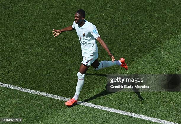 Ousmane Dembele of France celebrates scoring his team's third goal during the FIFA World Cup 2026 Group I match between Norway and France at Boston...