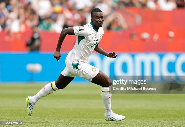 Pape Gueye of Senegal celebrates scoring his team's third goal during the FIFA World Cup 2026 Group I match between Senegal and Iraq at Toronto...