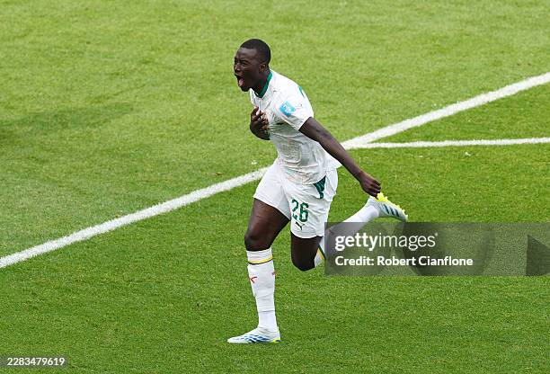 Pape Gueye of Senegal celebrates scoring his team's third goal during the FIFA World Cup 2026 Group I match between Senegal and Iraq at Toronto...