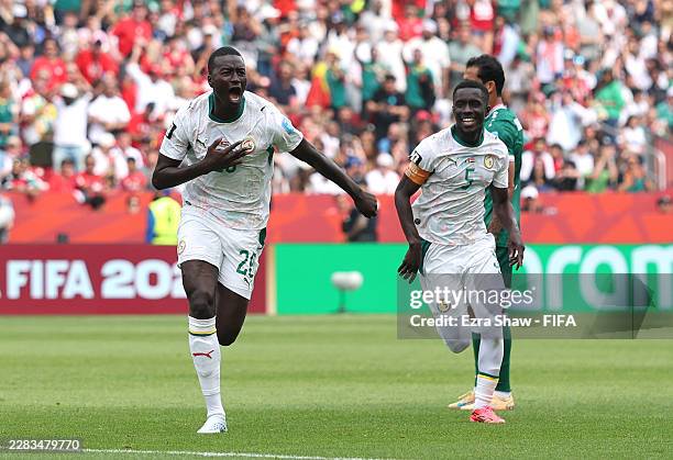 Pape Gueye of Senegal celebrates scoring his team's third goal during the FIFA World Cup 2026 Group I match between Senegal and Iraq at Toronto...