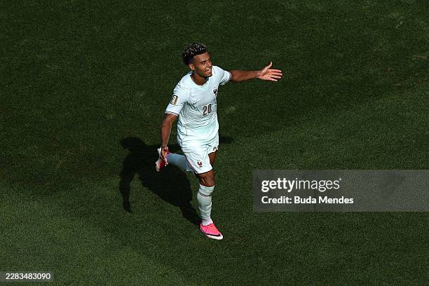 Desire Doue of France celebrates scoring his team's fourth goal during the FIFA World Cup 2026 Group I match between Norway and France at Boston...