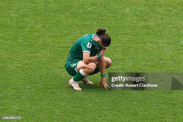 Akam Hashim of Iraq shows dejection after the team's 0-5 defeat and elimination from the tournament following the FIFA World Cup 2026 Group I match...