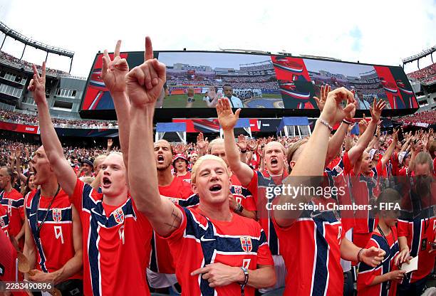 Channing Tatum cheers with Norway fans during the FIFA World Cup 2026 Group I match between Norway and France at Boston Stadium on June 26, 2026 in...