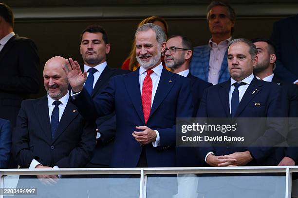 King Felipe VI of Spain waves to the crowd before the FIFA World Cup 2026 Group H match between Uruguay and Spain at Guadalajara Stadium on June 26,...