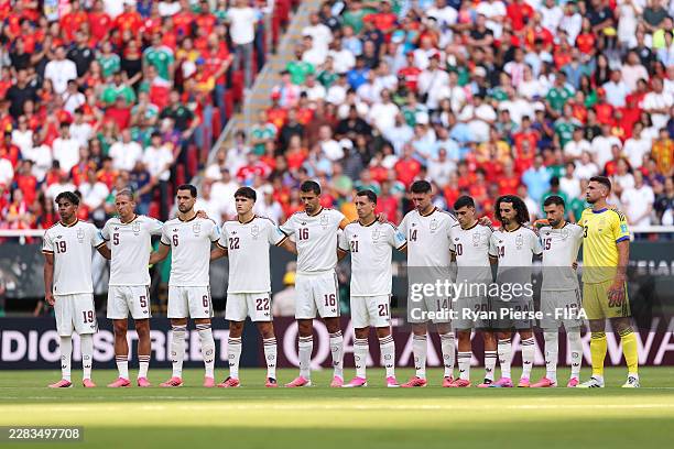 Spain observe a minute of silence before kick off for the victims of an earthquake in Velezuela prior to the FIFA World Cup 2026 Group H match...