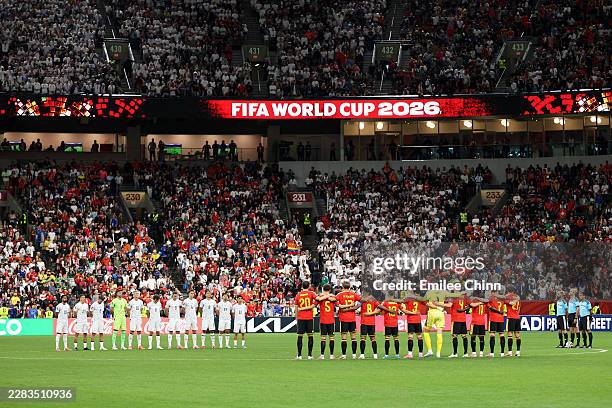 Players and match officials observe a minute of silence for the victims of the earthquake in Venezuela before the FIFA World Cup 2026 Group I match...