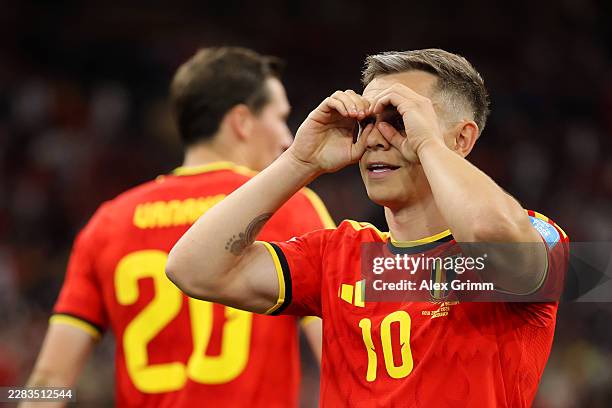 Leandro Trossard of Belgium celebrates scoring his team's first goal during the FIFA World Cup 2026 Group G match between New Zealand and Belgium at...