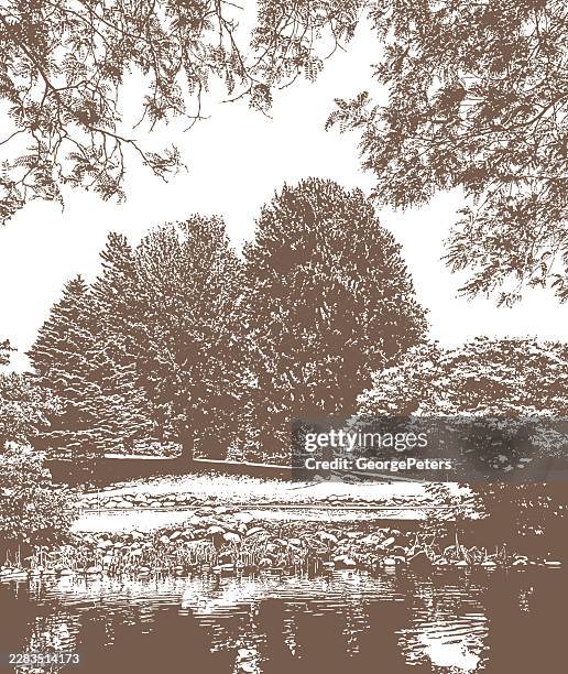 landscape with trees, stream and footpath - tree line drawing stock illustrations