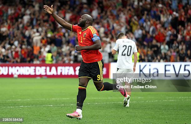 Romelu Lukaku of Belgium celebrates scoring his team's fourth goal during the FIFA World Cup 2026 Group G match between New Zealand and Belgium at BC...