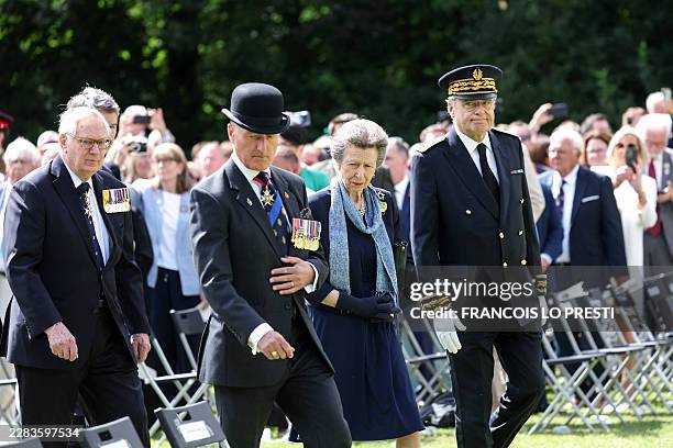 Britain's Princess Anne , Prefect of the Somme Rollon Mouchel-Blaisot and Britain's Prince Richard, Duke of Gloucester arrive for the commemoration...