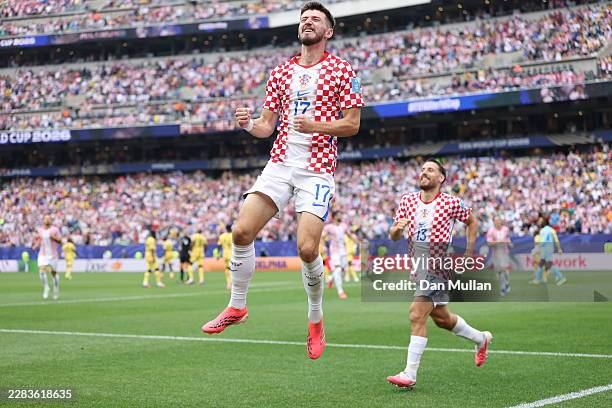Petar Sucic of Croatia celebrates scoring his team's first goal during the FIFA World Cup 2026 Group L match between Croatia and Ghana at...