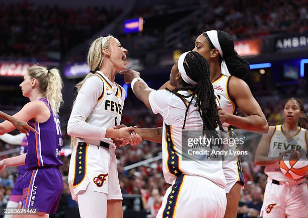Sophie Cunningham of the Indiana Fever celebrates during the game against the Phoenix Mercury at Gainbridge Fieldhouse on June 24, 2026 in...