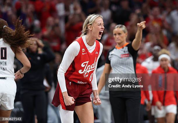 Sophie Cunningham of the Indiana Fever celebrates against the Atlanta Dream at Gainbridge Fieldhouse on June 18, 2026 in Indianapolis, Indiana. NOTE...