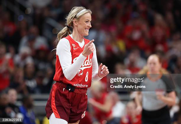 Sophie Cunningham of the Indiana Fever celebrates against the Atlanta Dream at Gainbridge Fieldhouse on June 18, 2026 in Indianapolis, Indiana. NOTE...