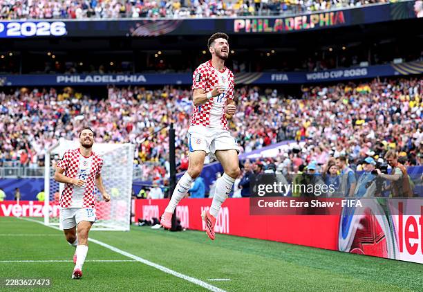 Petar Sucic of Croatia celebrates scoring his team's first goal during the FIFA World Cup 2026 Group L match between Croatia and Ghana at...