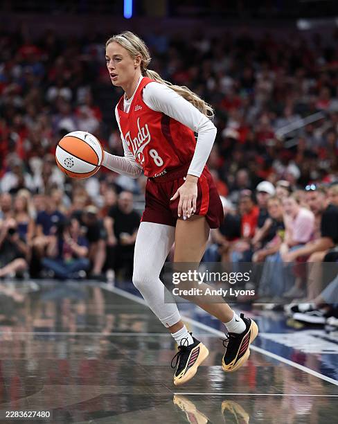 Sophie Cunningham of the Indiana Fever dribbles the ball against the Atlanta Dream at Gainbridge Fieldhouse on June 18, 2026 in Indianapolis,...