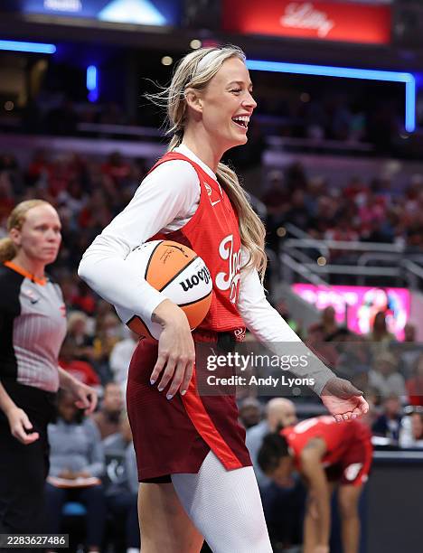 Sophie Cunningham of the Indiana Fever celebrates against the Atlanta Dream at Gainbridge Fieldhouse on June 18, 2026 in Indianapolis, Indiana. NOTE...