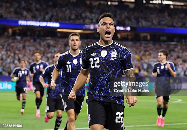 Lautaro Martinez of Argentina celebrates scoring the team's second goal during the FIFA World Cup 2026 Group J match between Jordan and Argentina at...