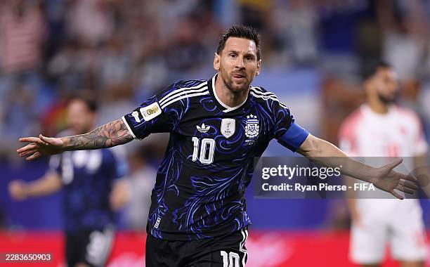 Lionel Messi of Argentina celebrates scoring his team's third goal during the FIFA World Cup 2026 Group J match between Jordan and Argentina at...