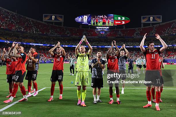 Austria players applaud fans after the 3-3 draw during the FIFA World Cup 2026 Group J match between Algeria and Austria at Kansas City Stadium on...