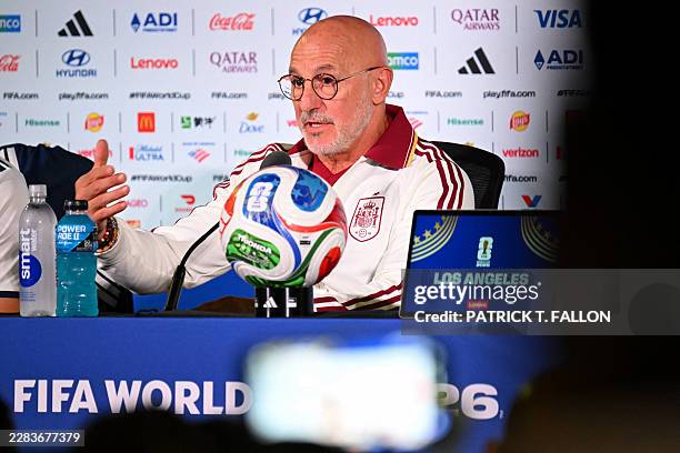 Spain's head coach Luis de la Fuente gives an MD-1 press conference at the Los Angeles Stadium in Inglewood on July 1 on the eve of the 2026 World...