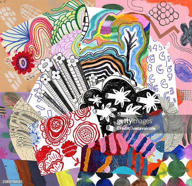 collage of patterns, mainly, flowers - mixed media collage stock illustrations